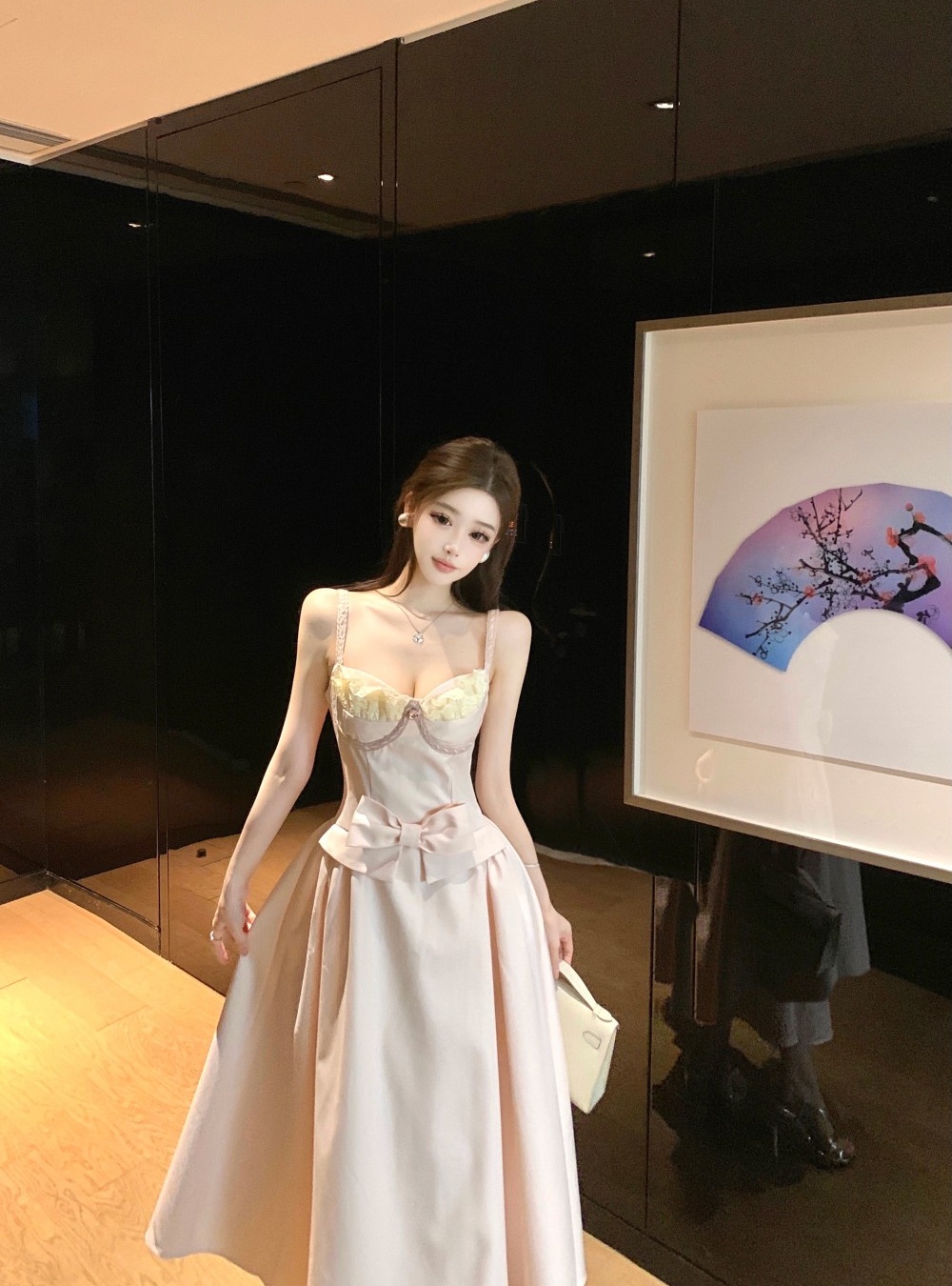 Pinched waist A-line strap dress temperament pink dress