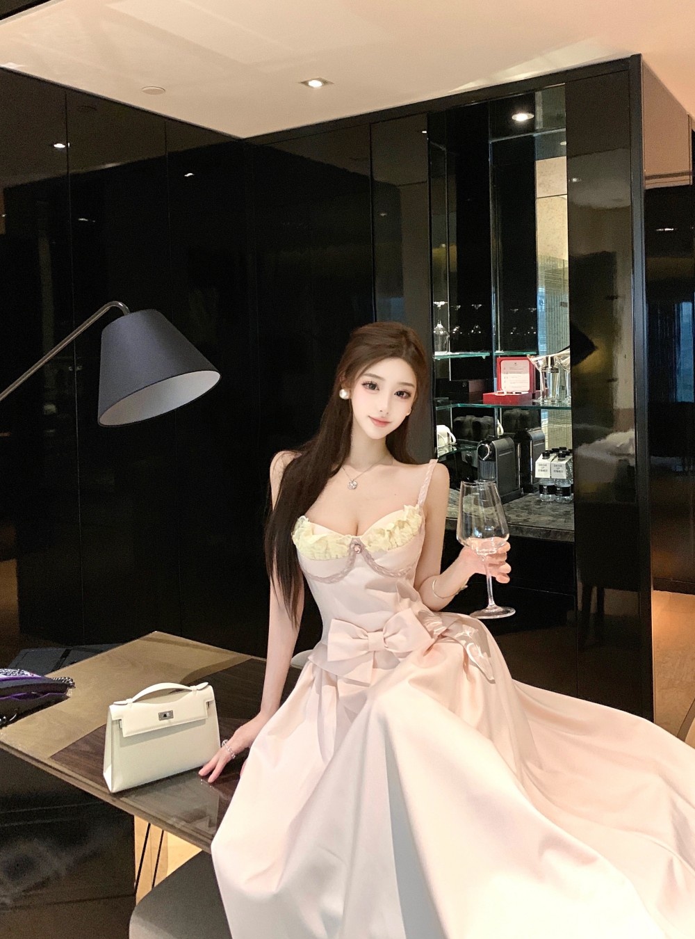 Pinched waist A-line strap dress temperament pink dress