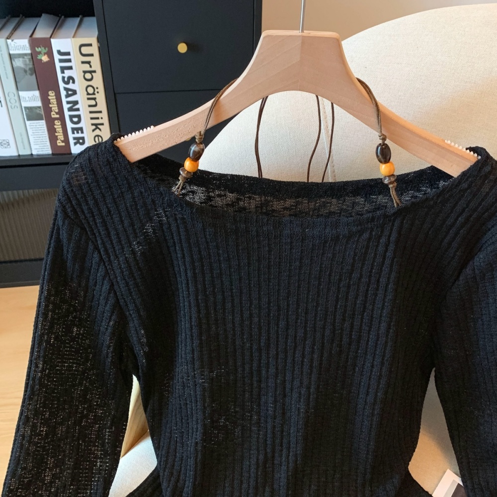 Halter slim tops flat shoulder autumn T-shirt for women