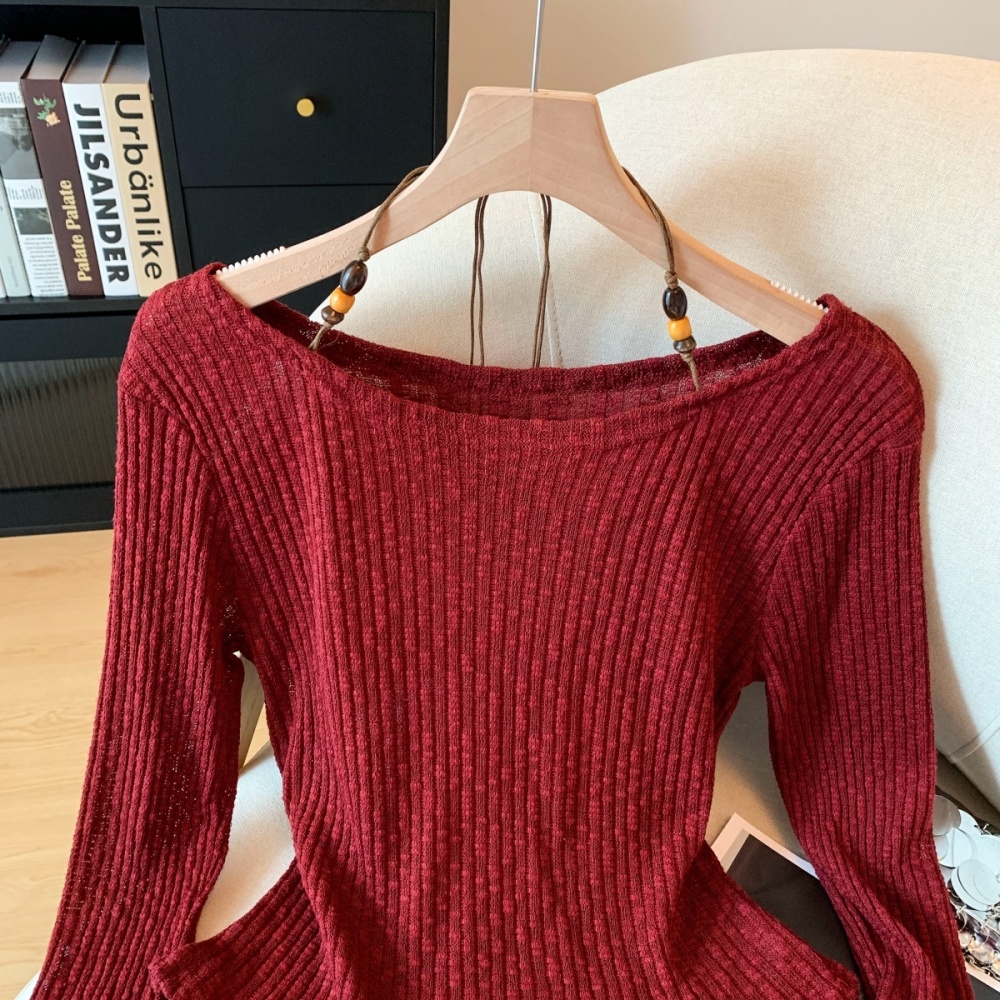 Halter slim tops flat shoulder autumn T-shirt for women