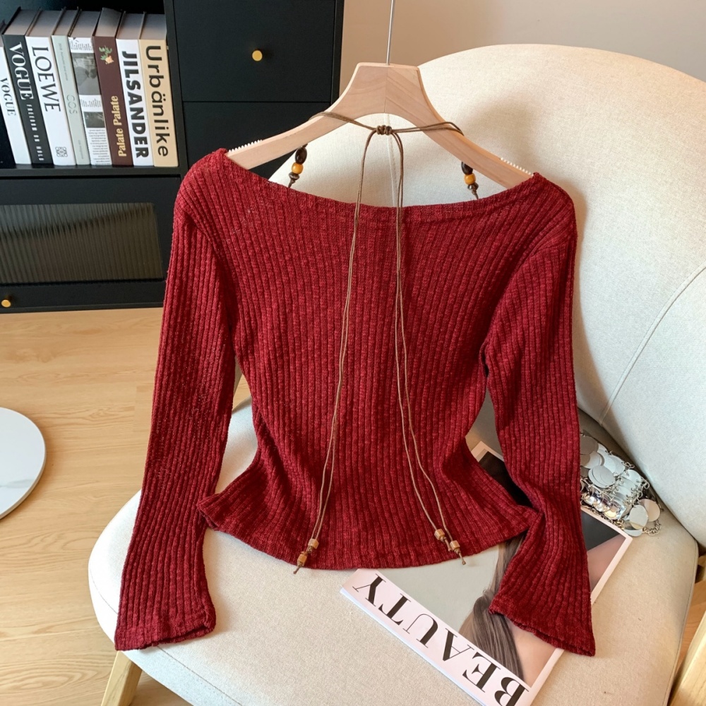Halter slim tops flat shoulder autumn T-shirt for women
