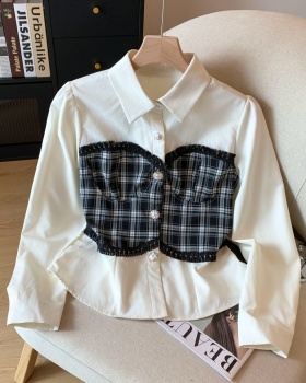 Pseudo-two plaid tops splice mixed colors shirt for women