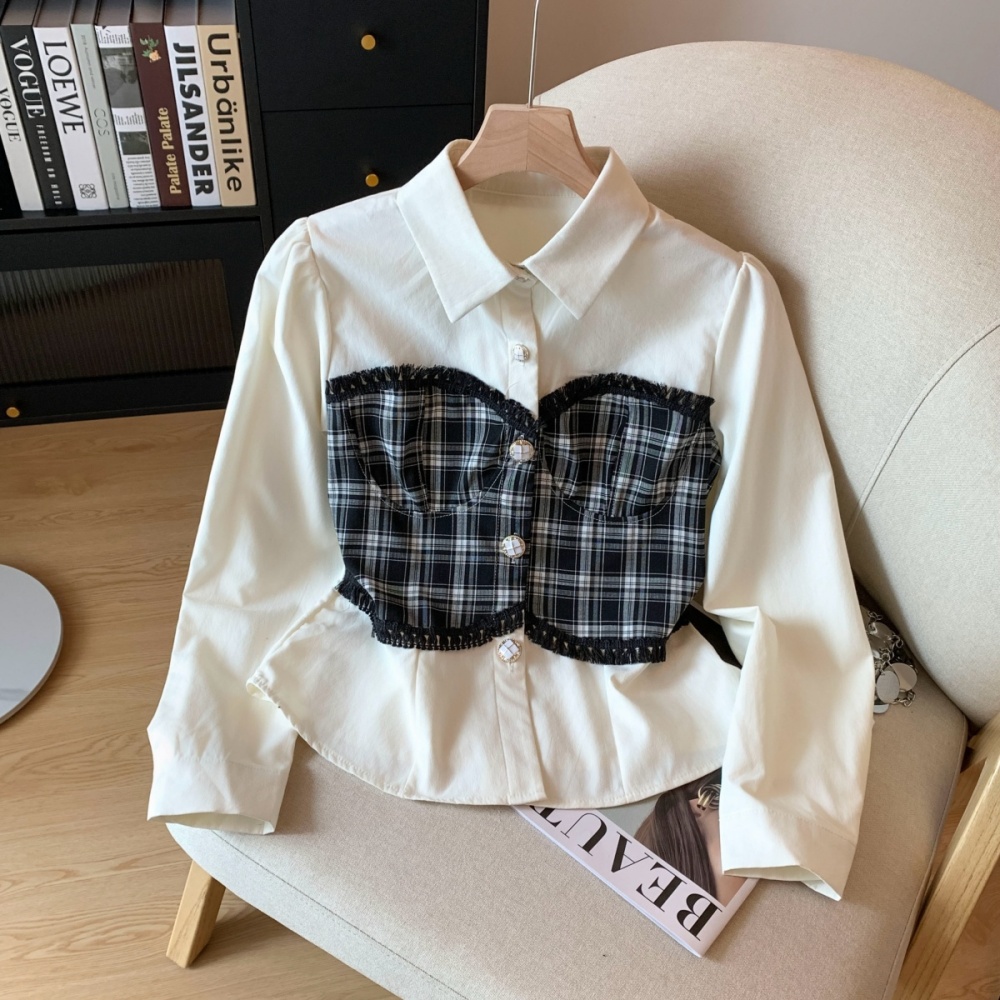 Pseudo-two plaid tops splice mixed colors shirt for women