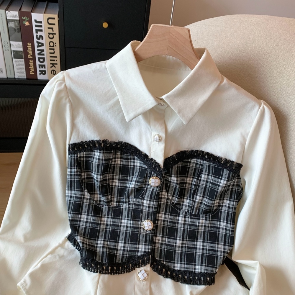 Pseudo-two plaid tops splice mixed colors shirt for women
