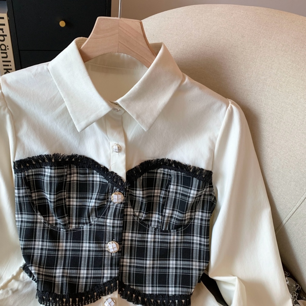 Pseudo-two plaid tops splice mixed colors shirt for women