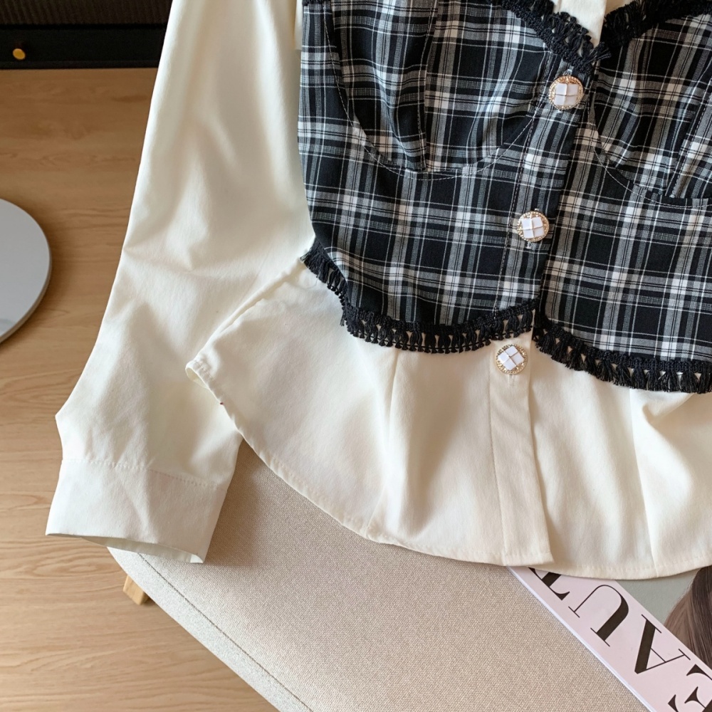 Pseudo-two plaid tops splice mixed colors shirt for women