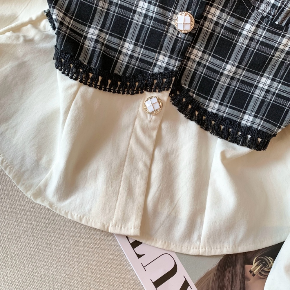 Pseudo-two plaid tops splice mixed colors shirt for women