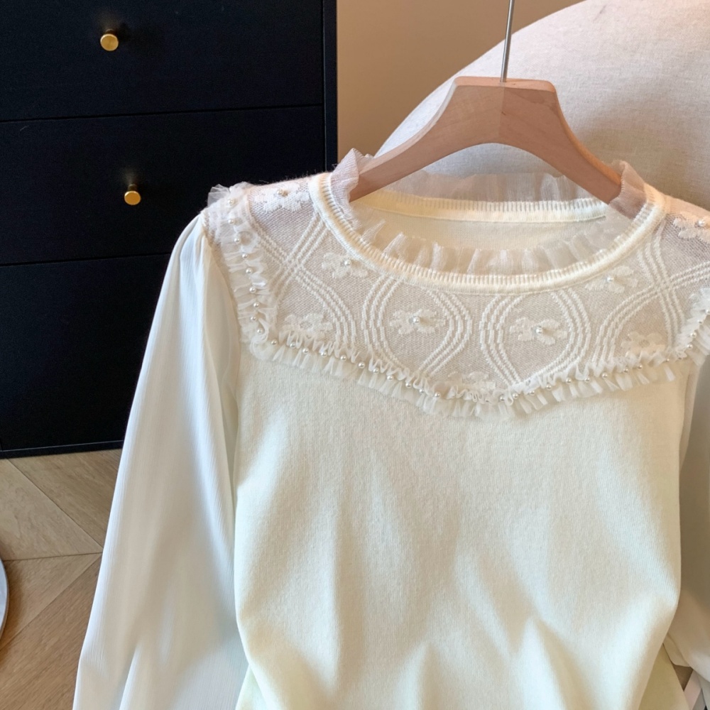 Hollow Western style bottoming shirt lace autumn T-shirt