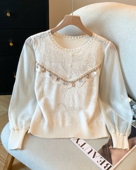 Beading splice sweater all-match spring tops for women