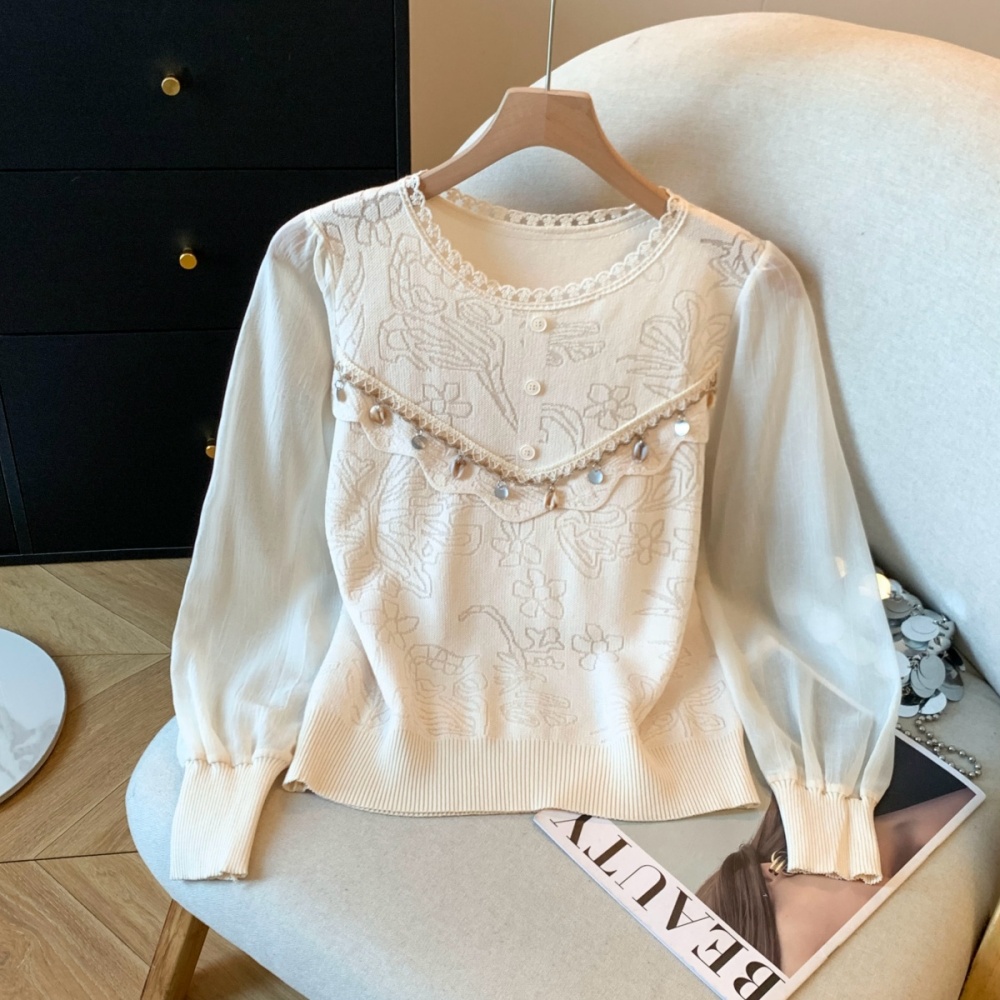 Beading splice sweater all-match spring tops for women