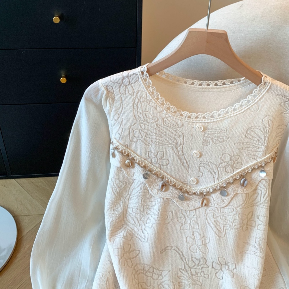 Beading splice sweater all-match spring tops for women