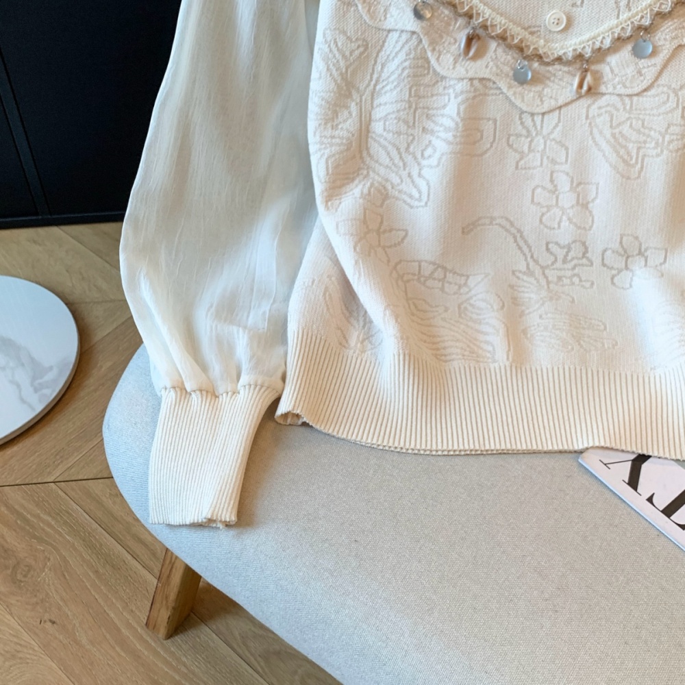 Beading splice sweater all-match spring tops for women