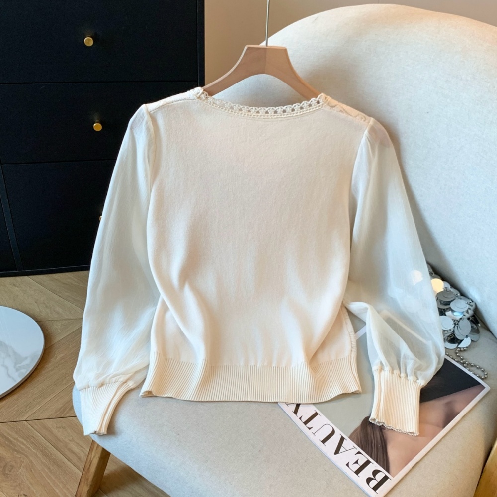Beading splice sweater all-match spring tops for women