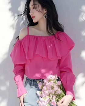 Unique rose-red tops strapless lotus leaf edges shirt
