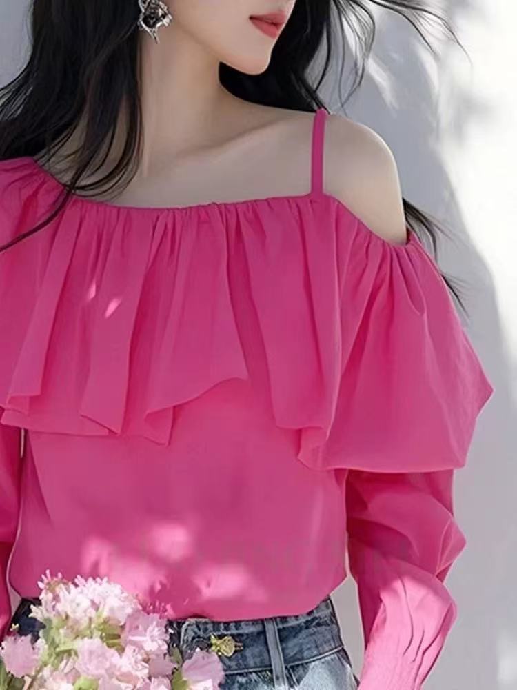 Unique rose-red tops strapless lotus leaf edges shirt