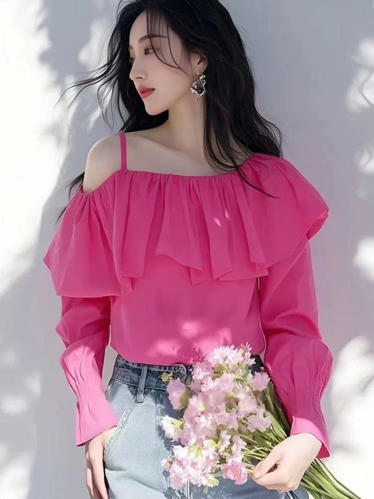 Unique rose-red tops strapless lotus leaf edges shirt
