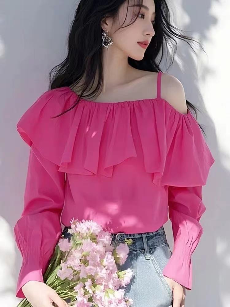 Unique rose-red tops strapless lotus leaf edges shirt