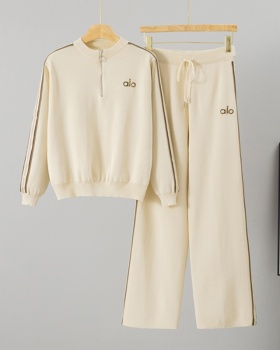 Half zip long pants wide leg tops 2pcs set for women