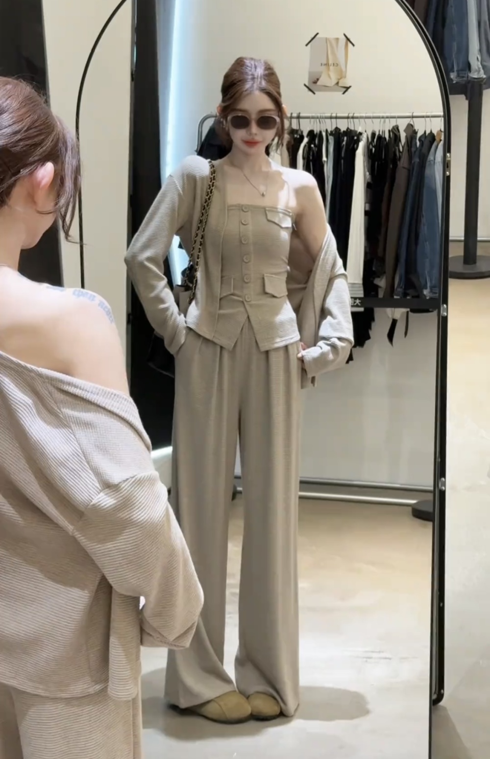 Autumn cardigan wide leg pants 3pcs set