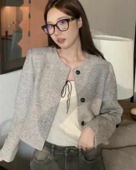 Stripe round neck chanelstyle coat retro loose short tops