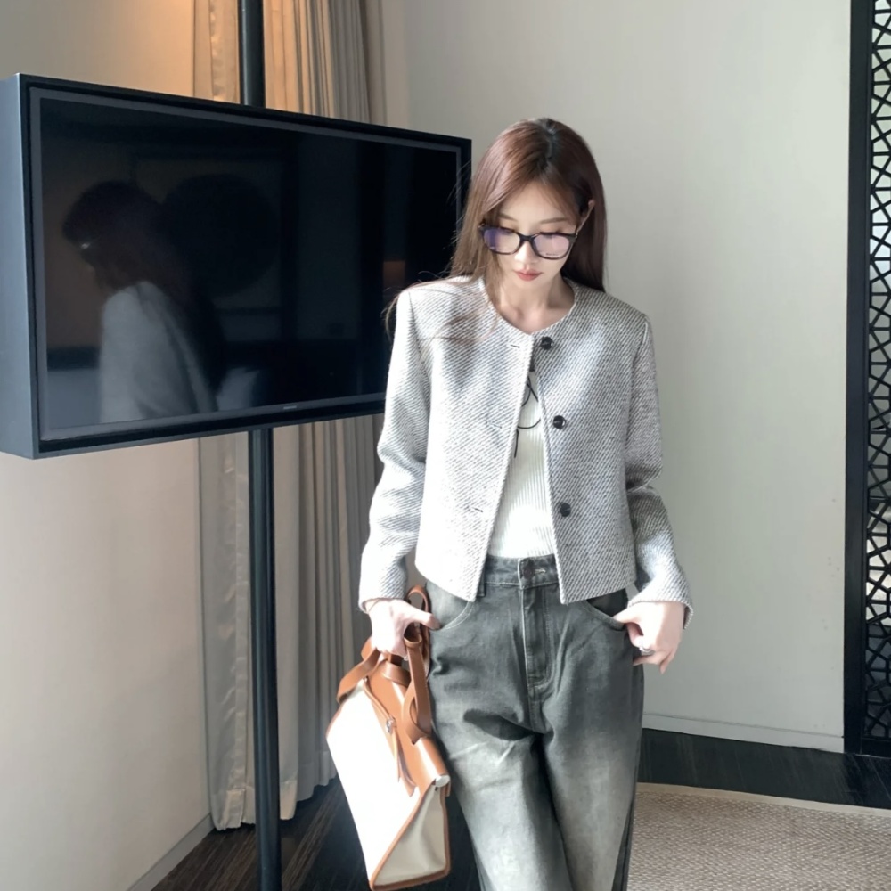 Stripe round neck chanelstyle coat retro loose short tops