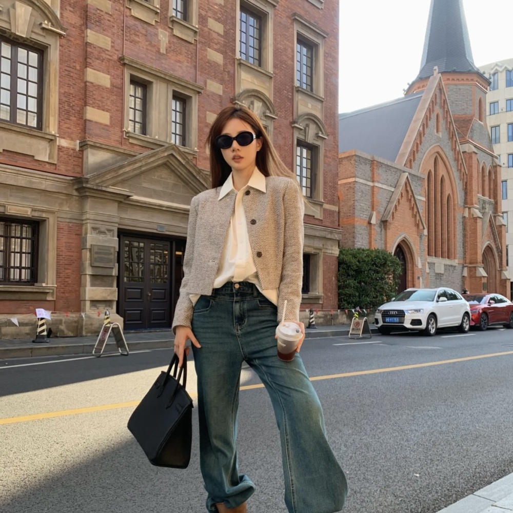 Stripe round neck chanelstyle coat retro loose short tops