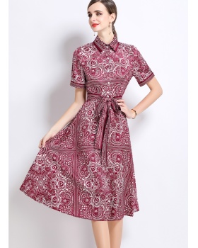 Printing with belt fashion pinched waist all-match dress
