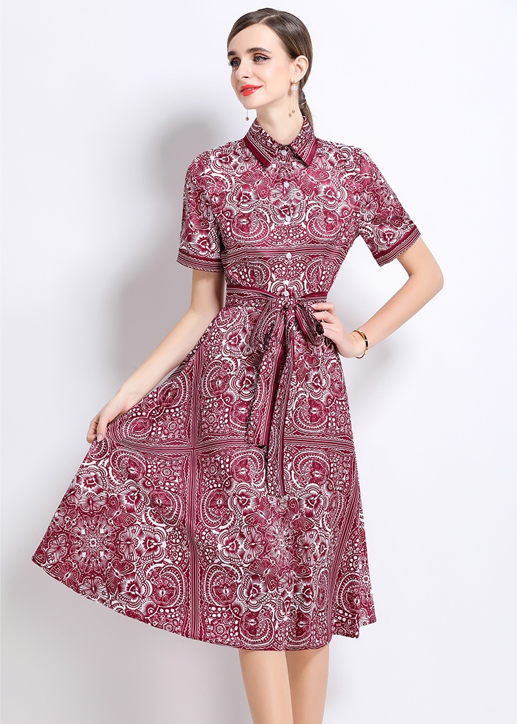 Printing with belt fashion pinched waist all-match dress