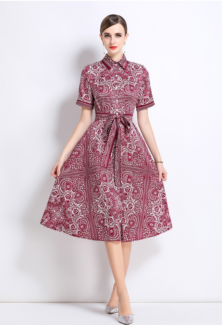 Printing with belt fashion pinched waist all-match dress
