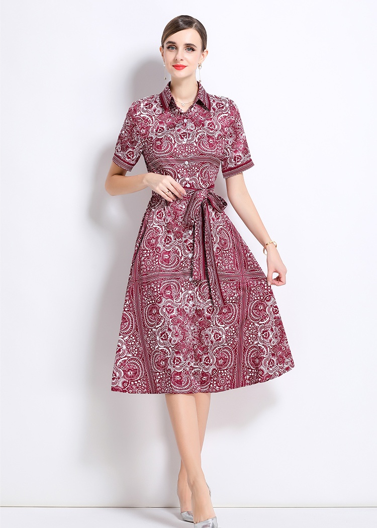Printing with belt fashion pinched waist all-match dress