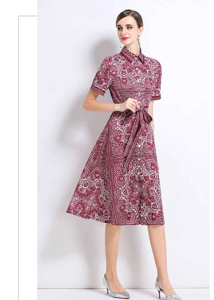 Printing with belt fashion pinched waist all-match dress