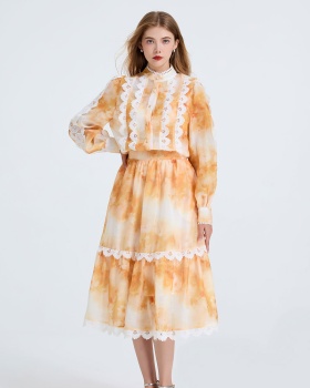 Big skirt pocket skirt printing lace tops 2pcs set