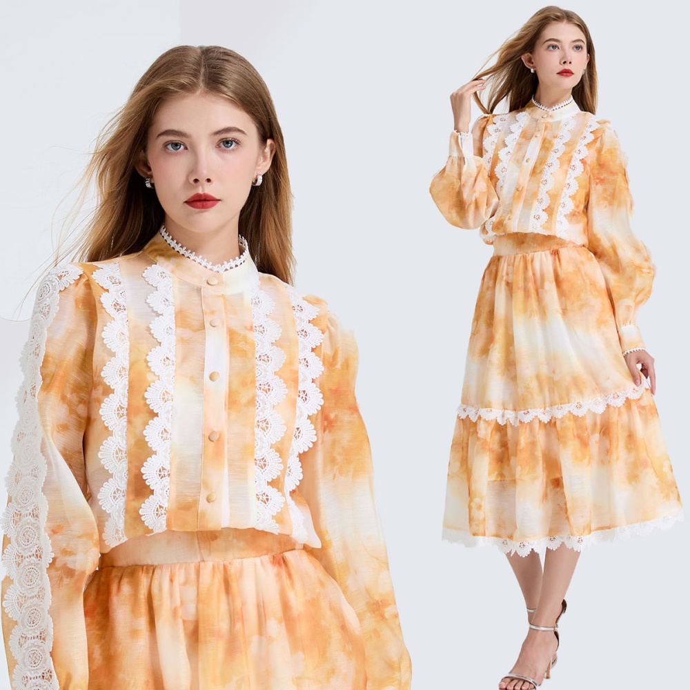 Big skirt pocket skirt printing lace tops 2pcs set
