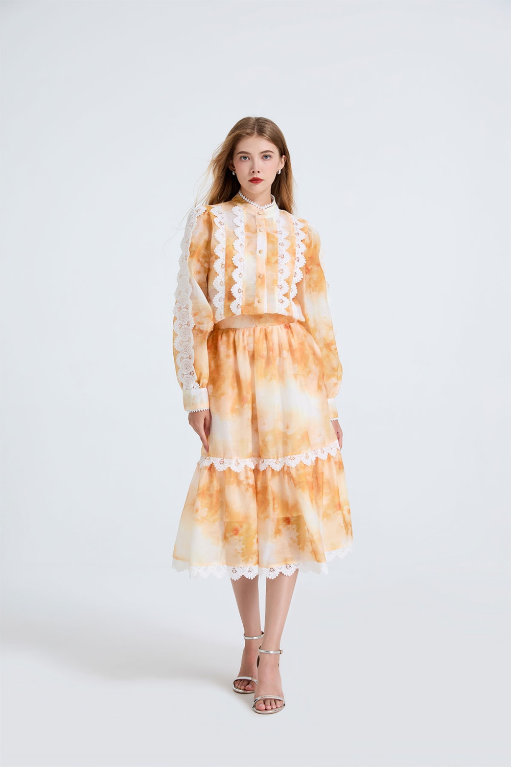 Big skirt pocket skirt printing lace tops 2pcs set