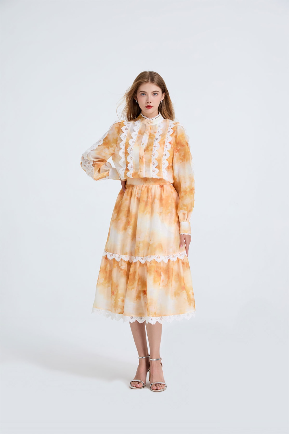 Big skirt pocket skirt printing lace tops 2pcs set