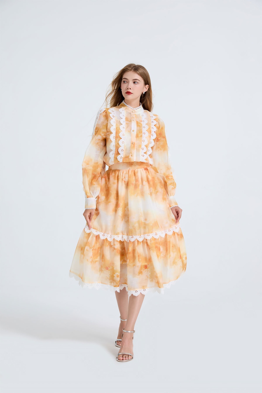 Big skirt pocket skirt printing lace tops 2pcs set