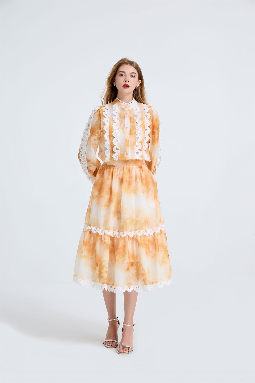 Big skirt pocket skirt printing lace tops 2pcs set