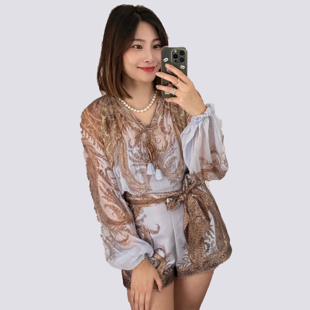 Pocket purple long sleeve lantern shirt 2pcs set
