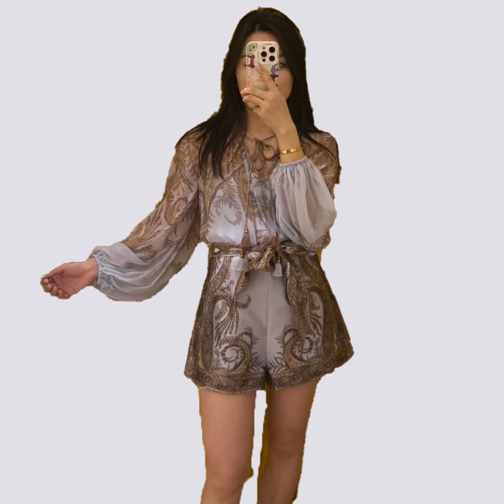 Pocket purple long sleeve lantern shirt 2pcs set