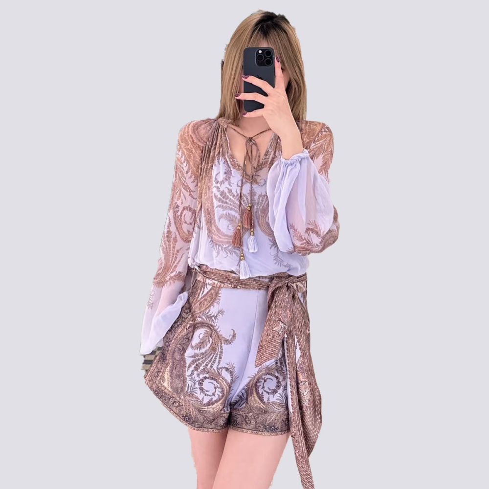 Pocket purple long sleeve lantern shirt 2pcs set