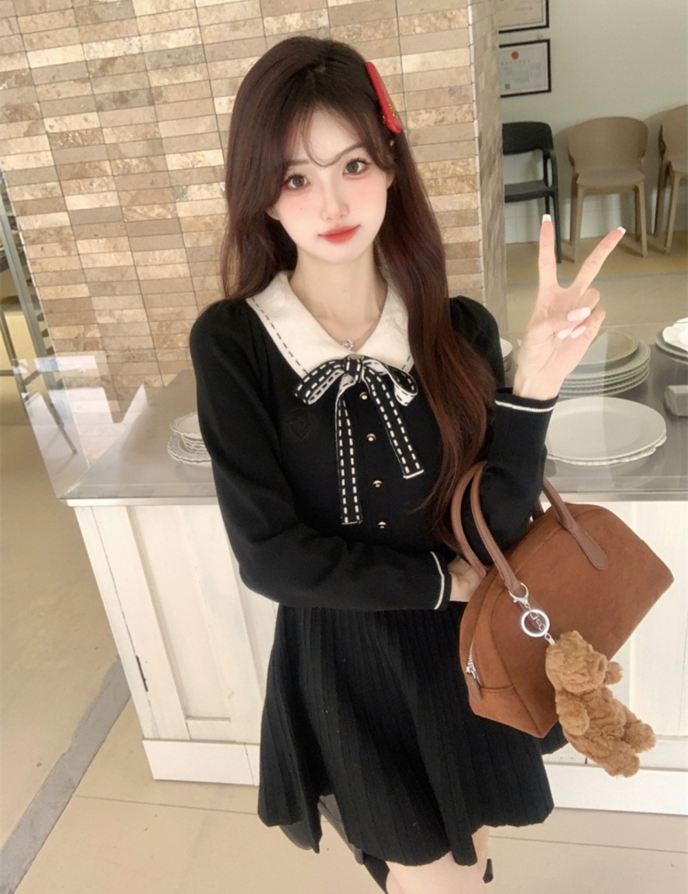 Black knitted temperament France style dress for women