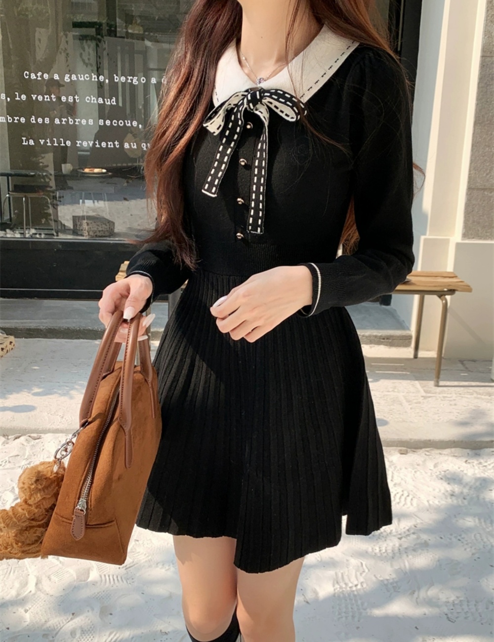 Black knitted temperament France style dress for women