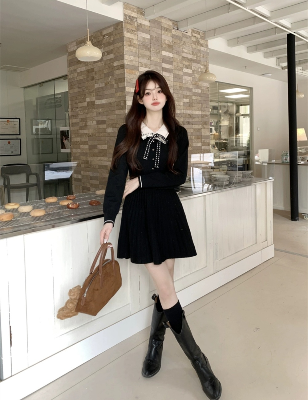 Black knitted temperament France style dress for women