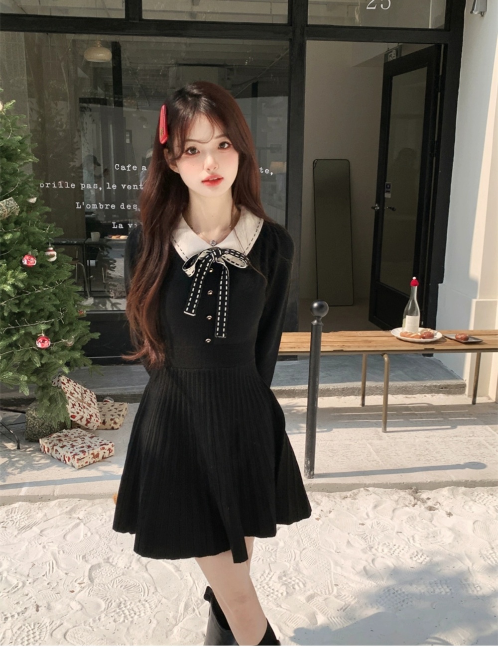 Black knitted temperament France style dress for women