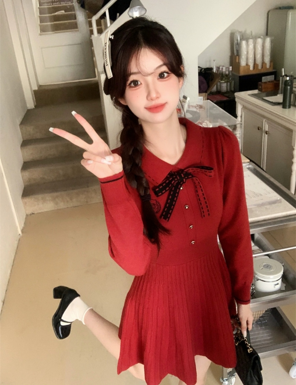Black knitted temperament France style dress for women
