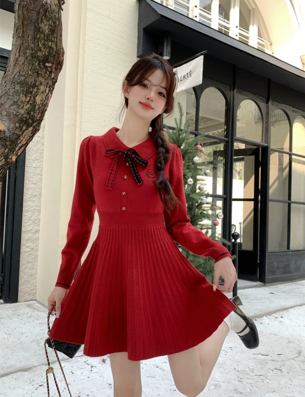 Black knitted temperament France style dress for women