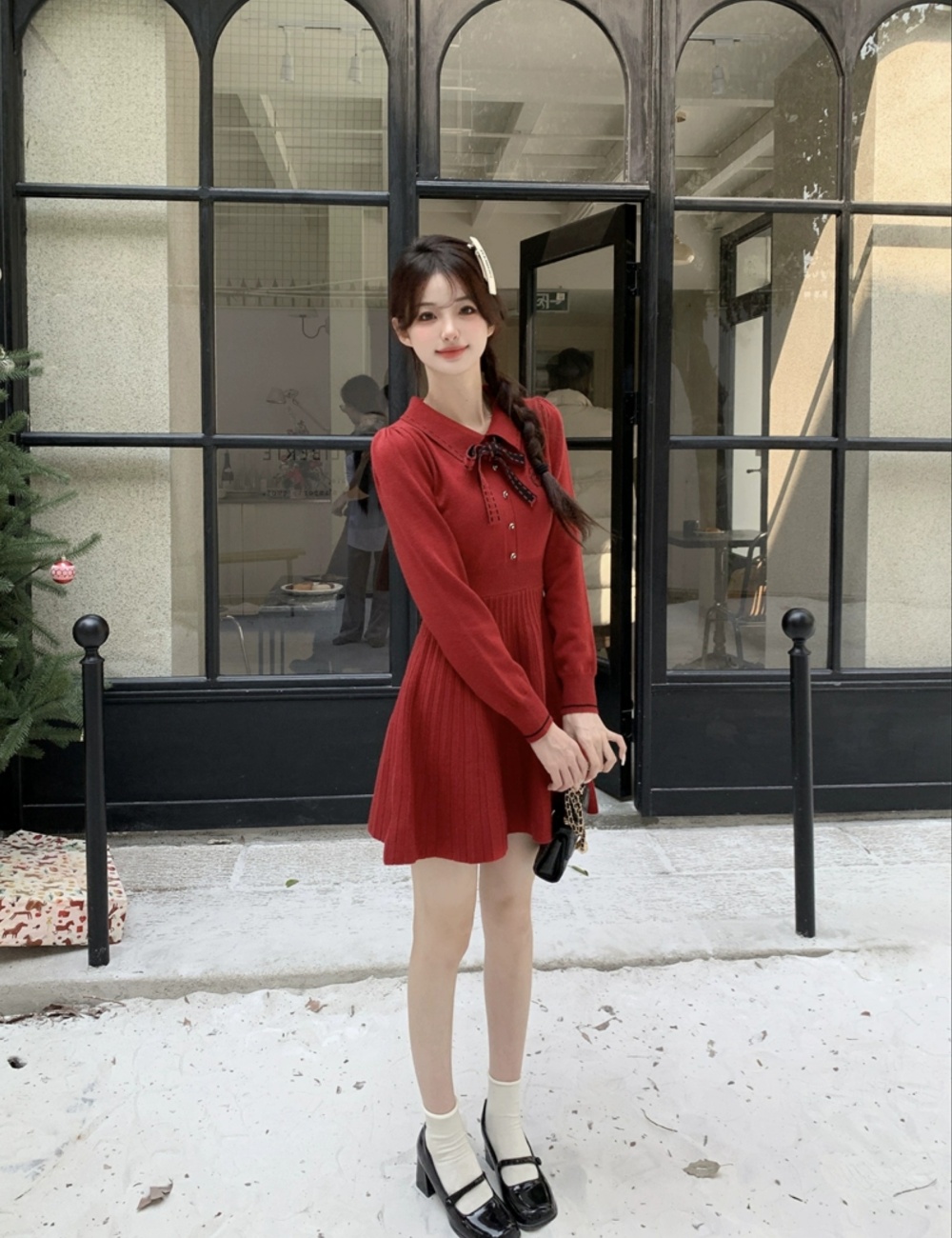 Black knitted temperament France style dress for women