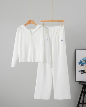 Zip hooded wide leg pants knitted cardigan 2pcs set