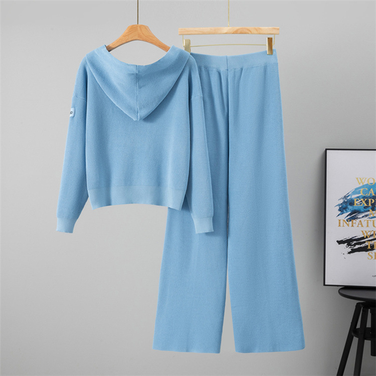 Zip hooded wide leg pants knitted cardigan 2pcs set