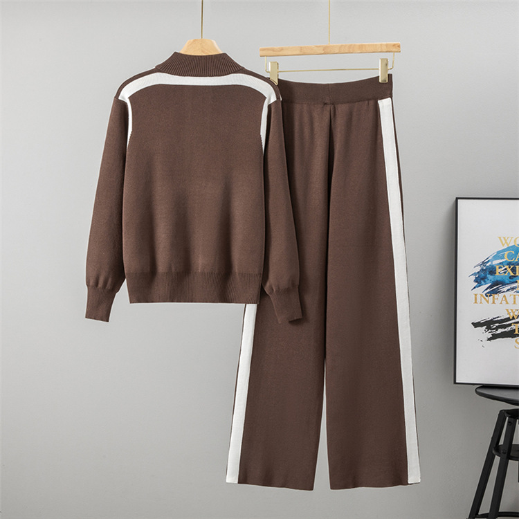 Knitted zip autumn and winter wide leg pants 2pcs set for women